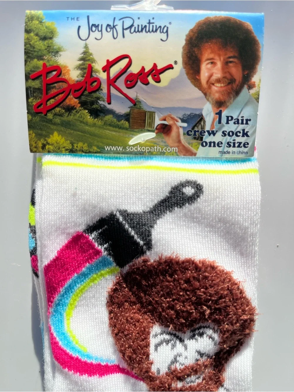Bob Ross The Joy of Painting Crew Socks - Paintbrush Design - White, Pink, Blue